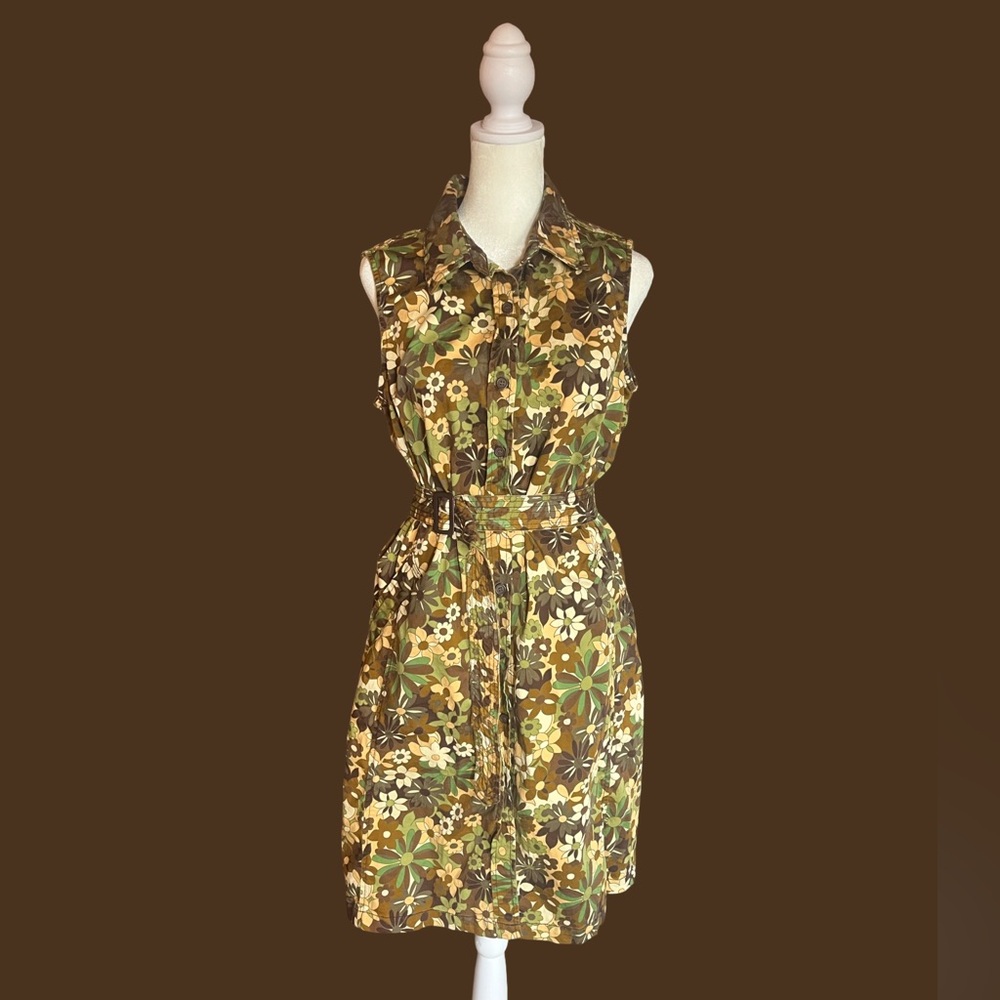 White Stag vintage floral sleeveless button up dress belted waist with pockets